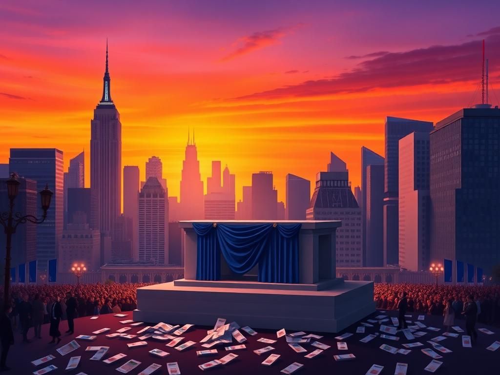 Flick International A stylized representation of the New York City skyline at sunset with iconic landmarks