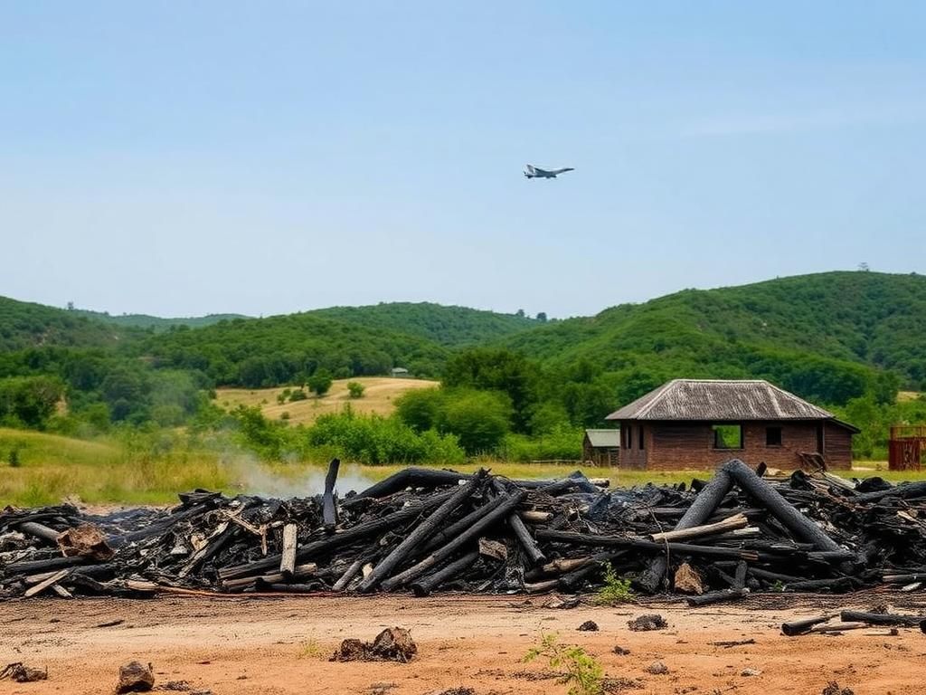 Flick International Charred debris and damaged structures in rural South Korea after accidental bombing incident