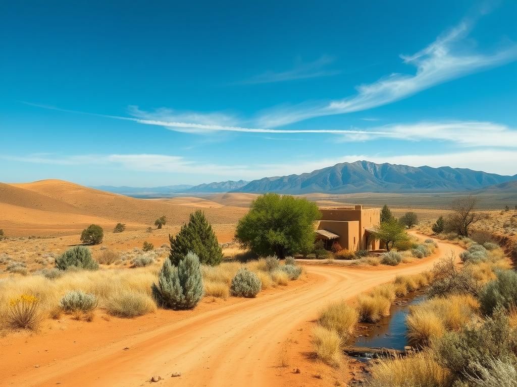 Flick International Scenic landscape of Santa Fe, New Mexico featuring rolling hills, juniper trees, and a winding dirt road.