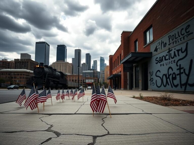 Flick International Urban scene in Denver with skyline, cracked sidewalk, and train shadow symbolizing crime