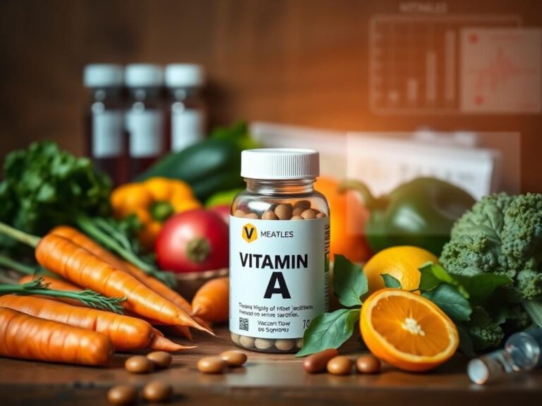 Flick International Vibrant still life of fruits and vegetables rich in Vitamin A with vitamin supplements and healthcare elements.