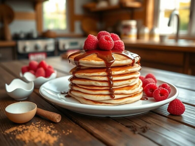 Flick International A stack of fluffy cinnamon cloud pancakes topped with fresh raspberries and Nutella in a cozy firehouse kitchen