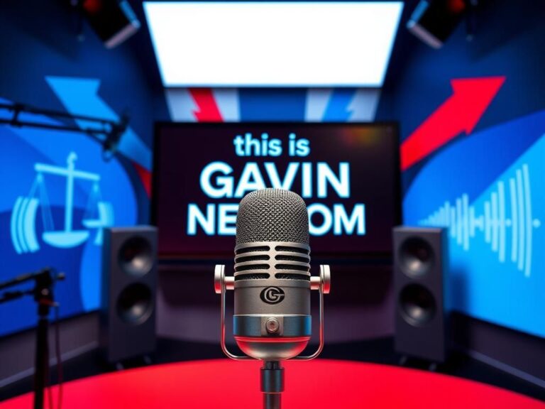 Flick International Colorful podcast studio setting featuring a large microphone and digital display for 'This is Gavin Newsom'