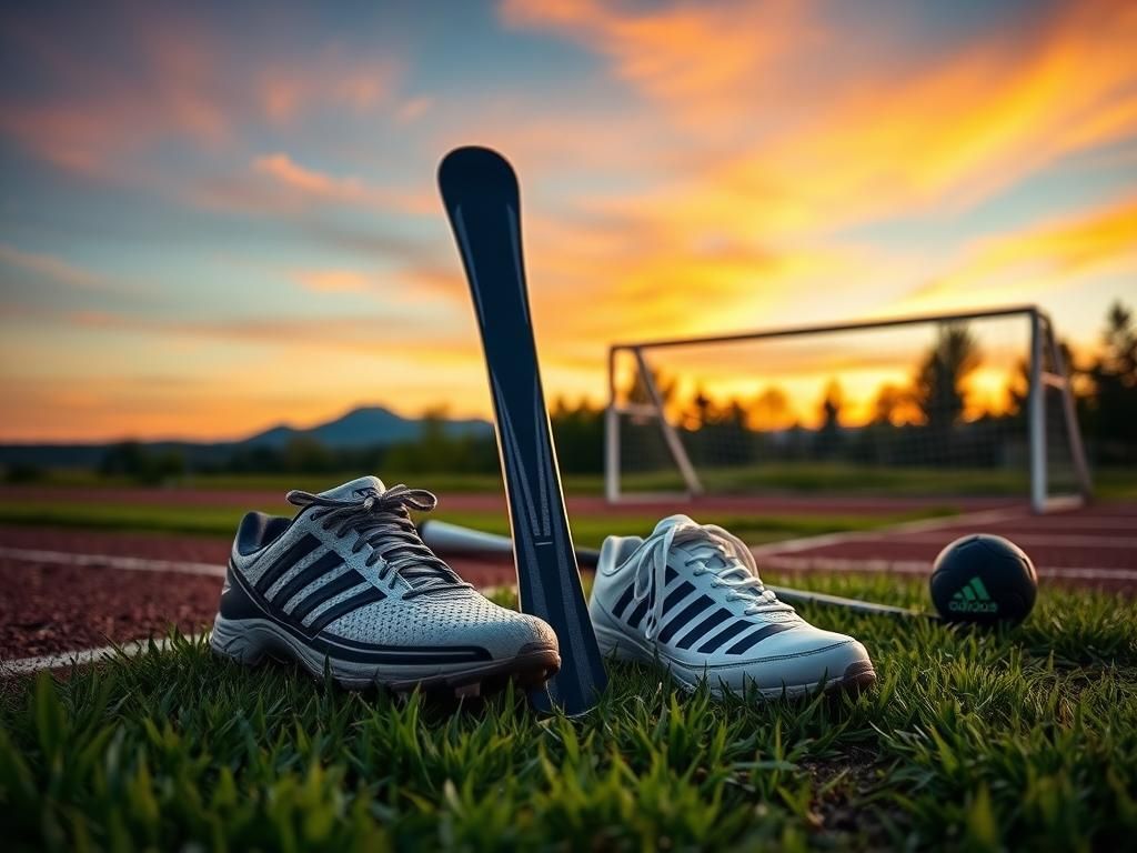 Flick International A collection of sports equipment representing female athletics in Maine, including soccer cleats, a Nordic ski, and a track shoe.