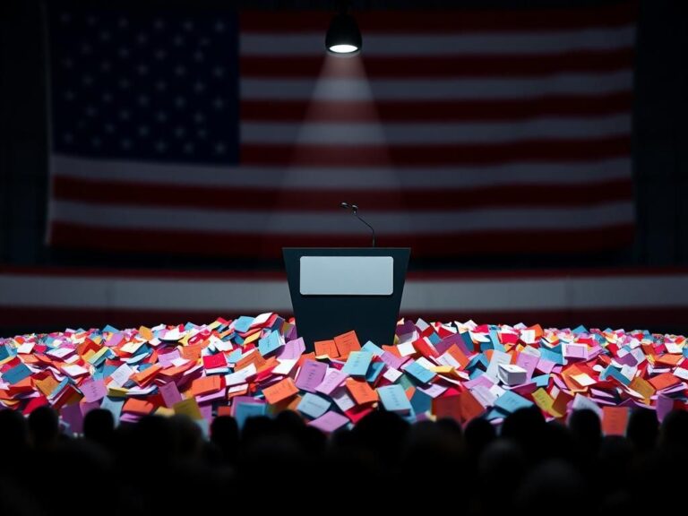 Flick International Empty podium under spotlight with voting ballots around it