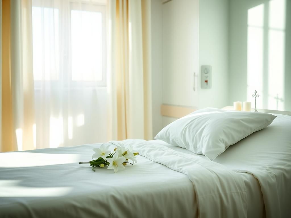 Flick International serene hospital room with warm light featuring a neatly made bed and a bouquet of white lilies