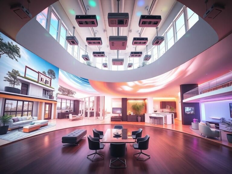 Flick International A modern architectural visualization room showcasing immersive 3D renderings of interior designs.