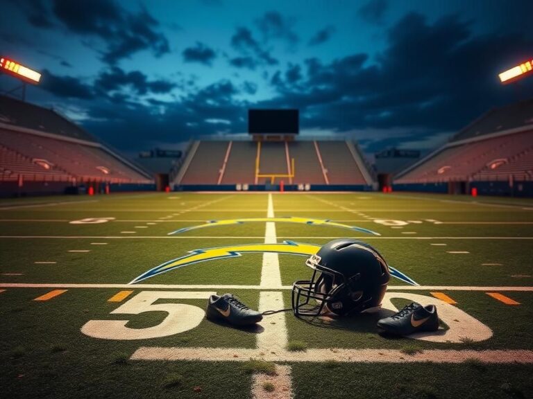 Flick International A twilight football stadium featuring the Los Angeles Chargers logo and a pair of abandoned cleats and helmet on the sideline