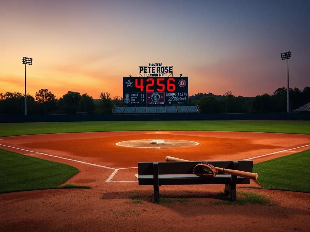 Flick International Nostalgic baseball field at twilight with empty dirt diamond and worn bases