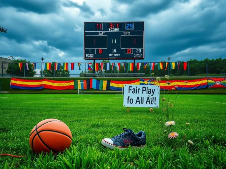 Flick International Empty sports field with colorful banners representing inclusivity and diversity