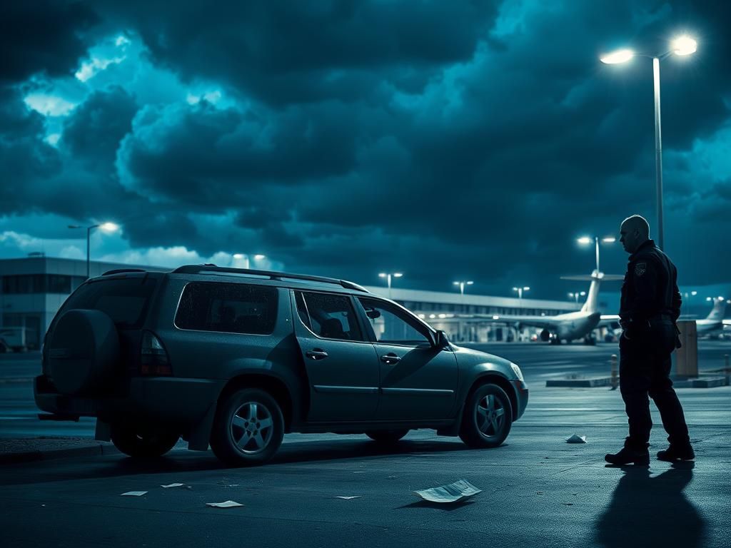 Flick International Shadowy silhouette of a security officer near an unattended vehicle, symbolizing confrontation