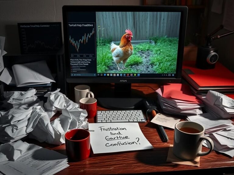 Flick International Chaotic workspace with a cluttered desk featuring a computer monitor displaying negative news on economic policies