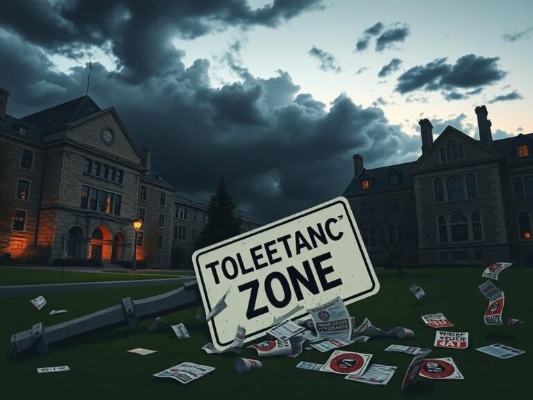 Flick International Stone building on campus at dusk with broken 'Tolerance Zone' sign symbolizing the collapse of safe spaces