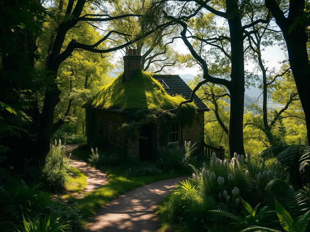 Flick International Overgrown cottage in a dense forest with moss-covered roof