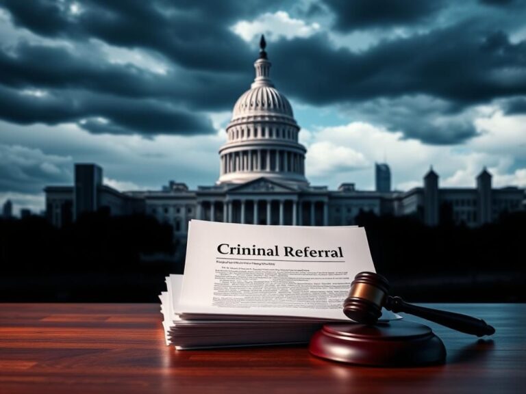 Flick International Stack of legal documents titled 'Criminal Referral' on a wooden table with U.S. Capitol in the background under stormy clouds