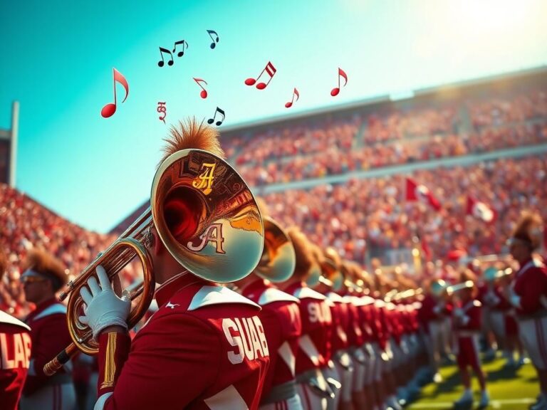 Flick International Vibrant scene of Alabama's Million Dollar Band performing with brass instruments at a college football game