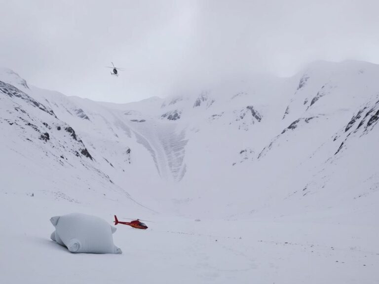 Flick International A helicopter hovering over a snow-covered mountain landscape after an avalanche in the Chugach Mountains