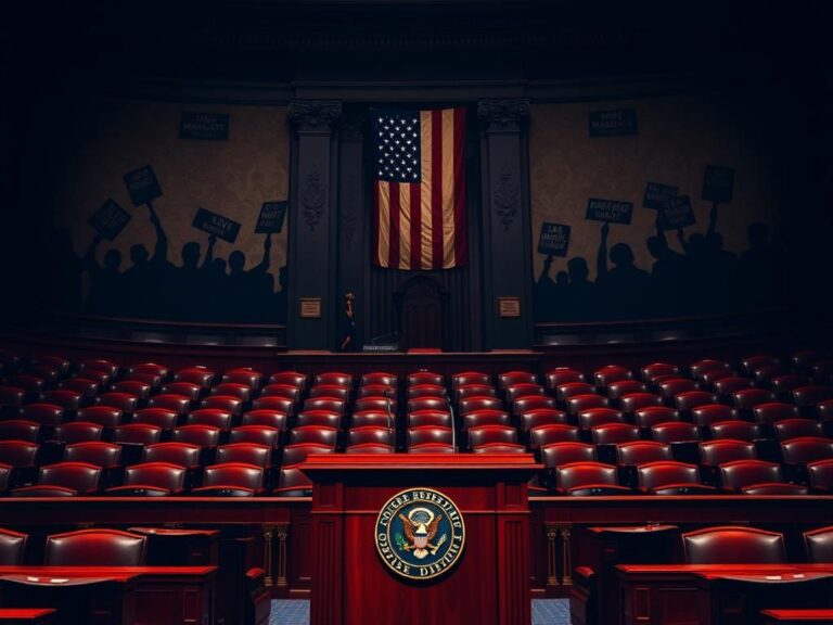 Flick International A dramatic scene inside a legislative chamber with a polished podium and a faded American flag