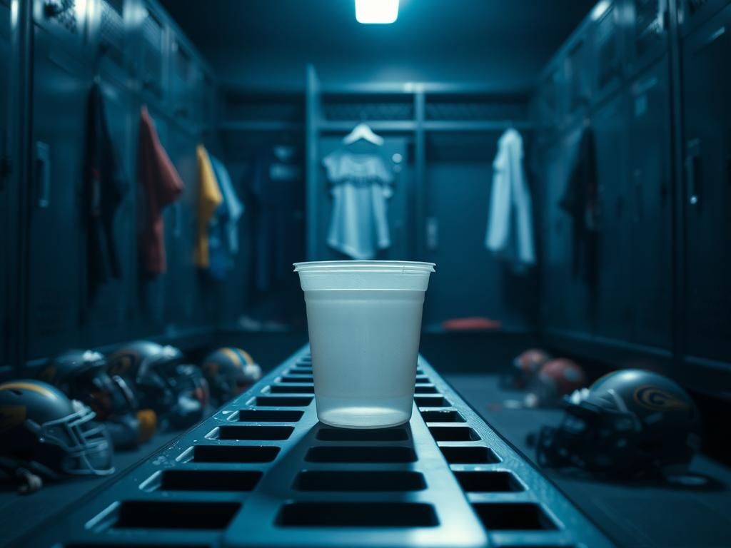 Flick International Empty plastic urine test cup sitting atop a steel bench in a dimly lit NFL locker room