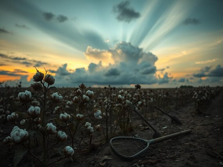 Flick International A desolate cotton field under a dramatic sky symbolizing historical struggle and resilience