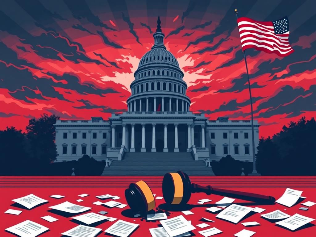 Flick International Stylized depiction of the U.S. Capitol building with a broken gavel symbolizing political disruption