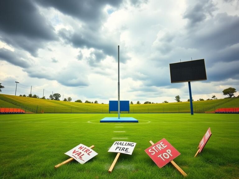 Flick International A vibrant outdoor sports field focusing on a girls' pole vaulting area under an overcast sky