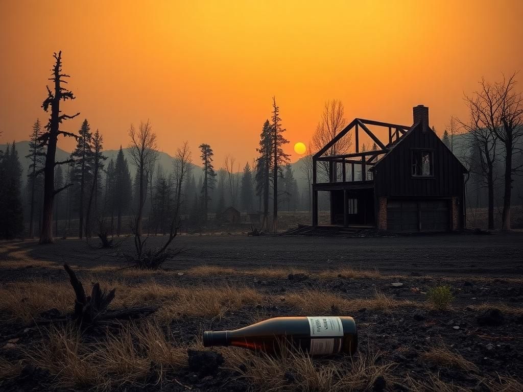 Flick International A somber landscape of wildfire devastation with charred trees and a burnt home