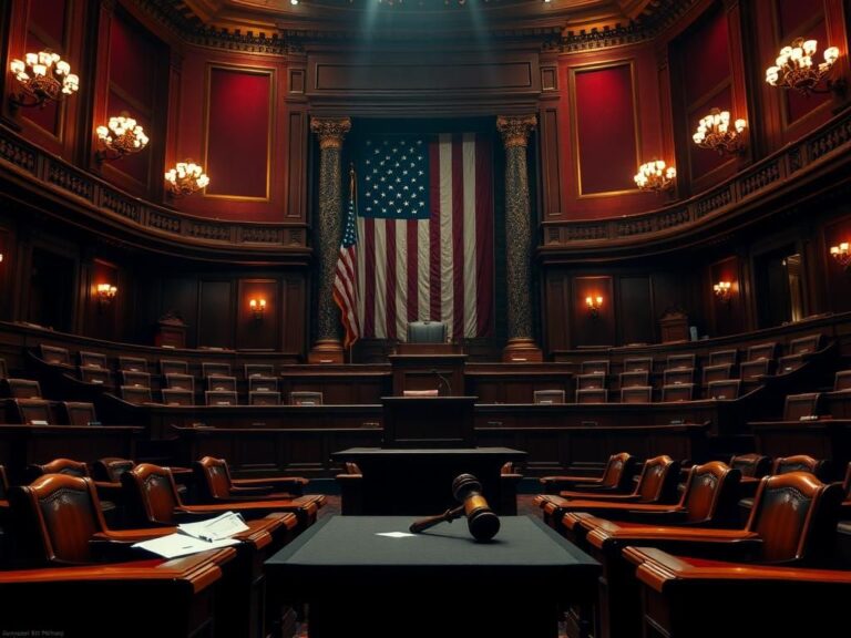 Flick International Dramatic interior of a grand legislative chamber with empty benches and a podium