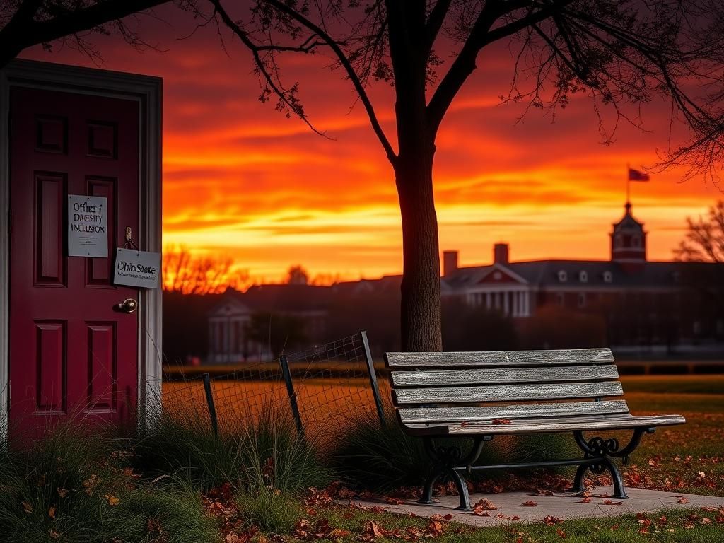 Flick International Serene sunset over Ohio State University campus with silhouetted structures and overgrown grass