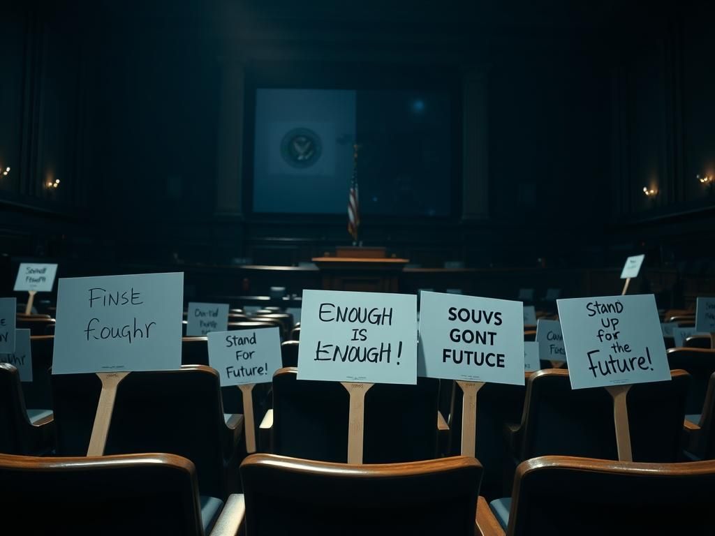 Flick International Dimly lit congressional chamber with empty seats and protest signs