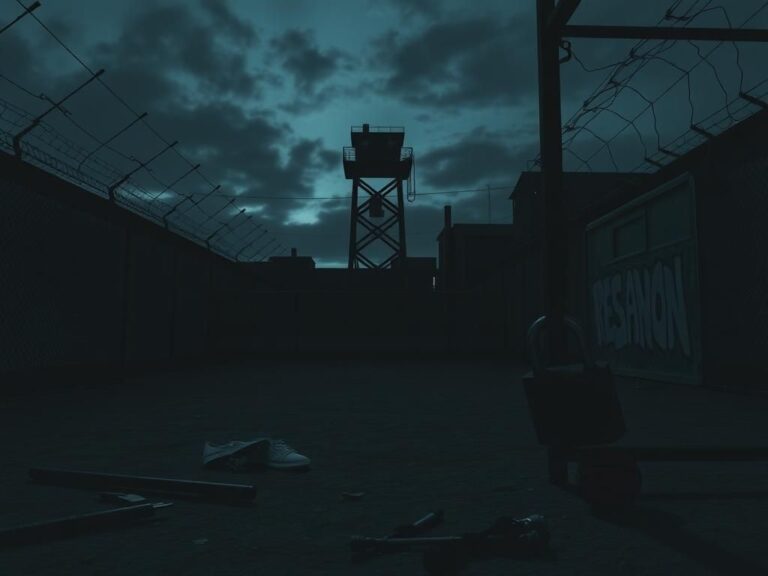 Flick International Dark prison yard with high fences and guard tower at dusk