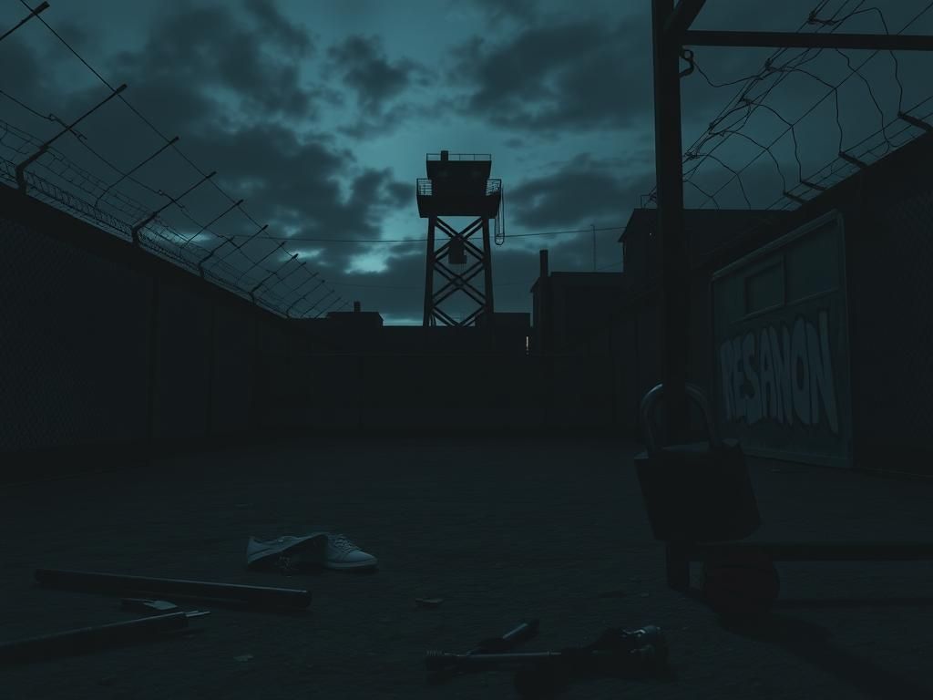 Flick International Dark prison yard with high fences and guard tower at dusk