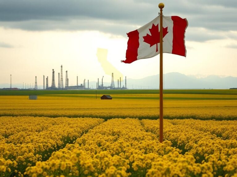 Flick International Expansive Alberta landscape with canola flowers and industrial background symbolizing statehood discussions