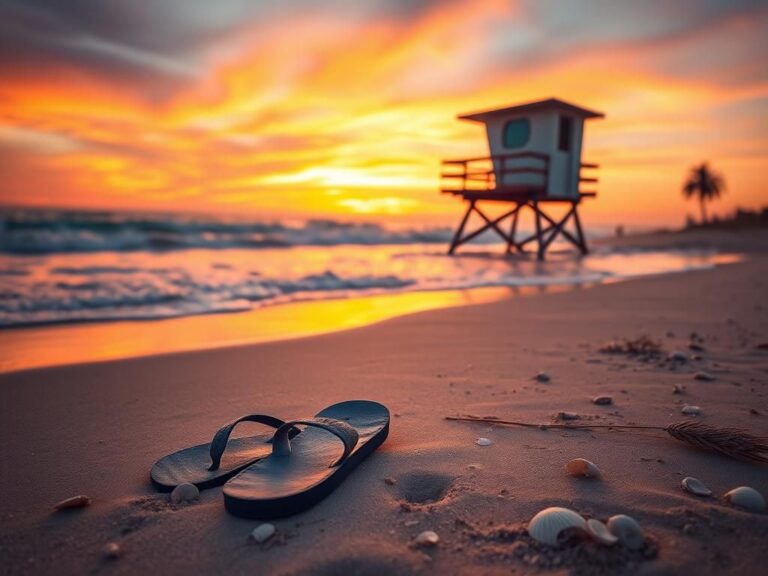 Flick International Serene beach scene at sunset with flip-flops and lifeguard tower