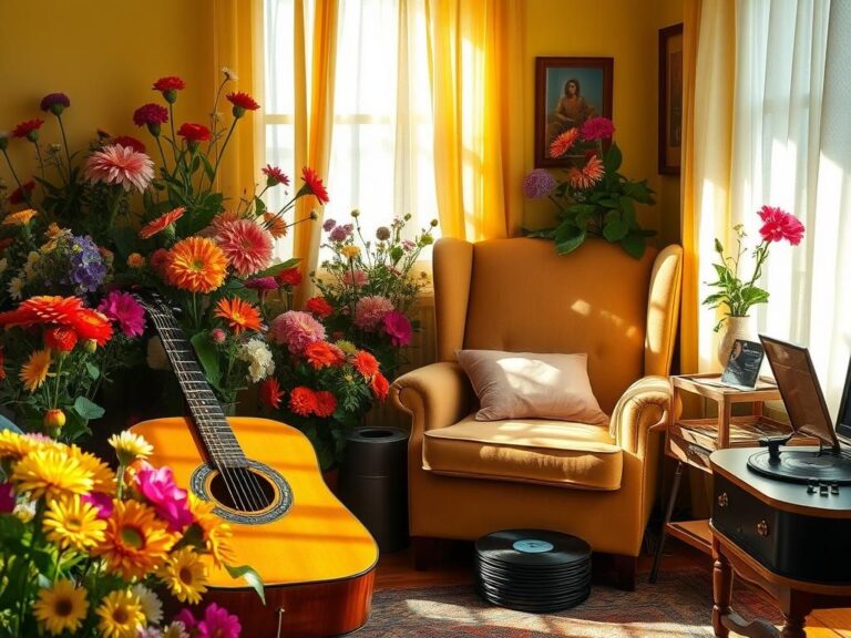 Flick International A cozy bedroom with flowers and an acoustic guitar, symbolizing life and musical legacy