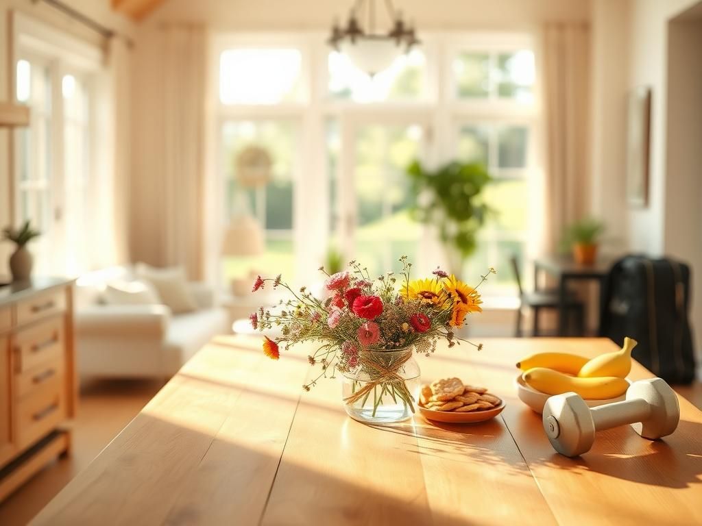 Flick International A sunlit kitchen scene with a wooden table and colorful wildflowers