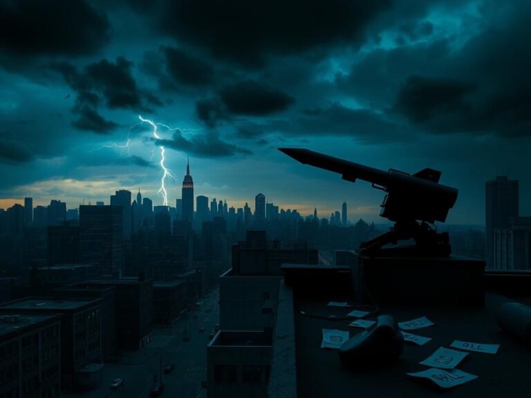 Flick International Ominous urban landscape of New York City with missile launcher and stormy skies