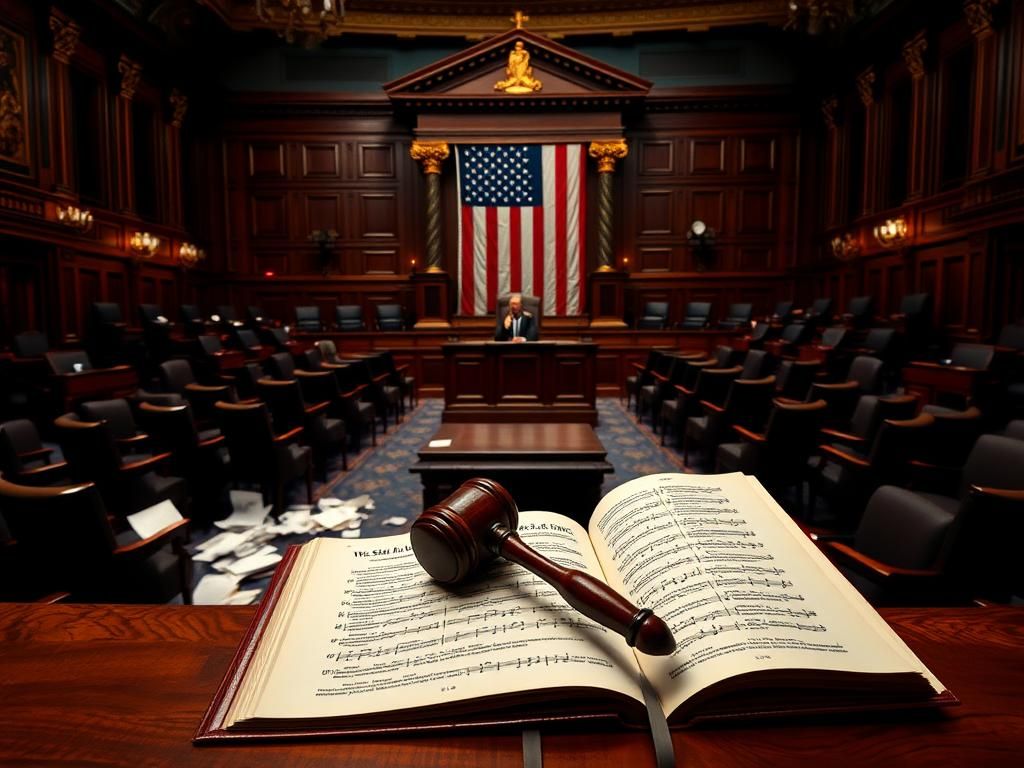 Flick International Empty House of Representatives chamber with scattered chairs symbolizing political chaos