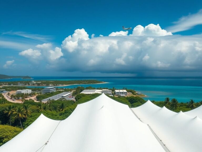 Flick International A panoramic view of Guantanamo Bay, featuring empty tents for migrant housing amidst a backdrop of tropical foliage and storm clouds.