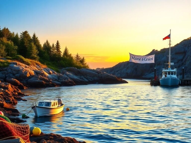 Flick International A serene coastal scene of Maine's rugged shoreline at sunrise with a fishing boat