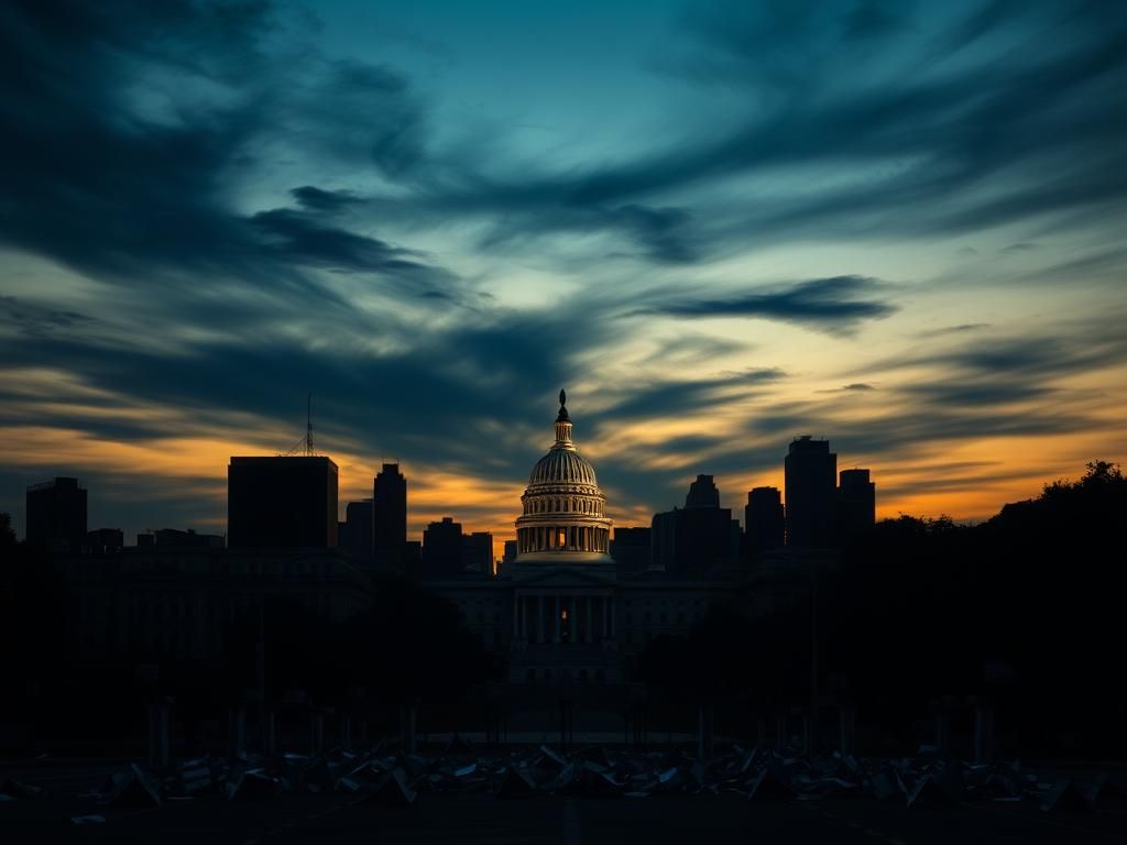 Flick International Dark city skyline at twilight with silhouetted capitol building in foreground