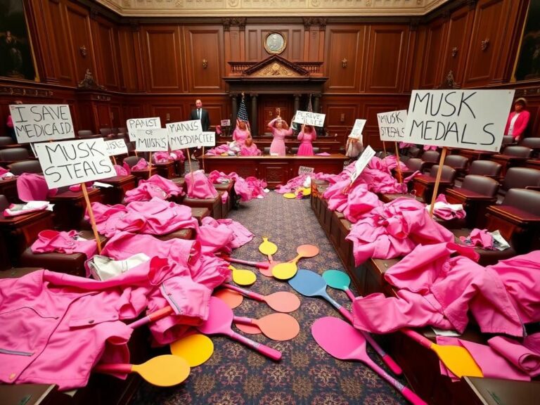 Flick International Chaotic scene of pink clothing and protest signs in an empty congressional chamber