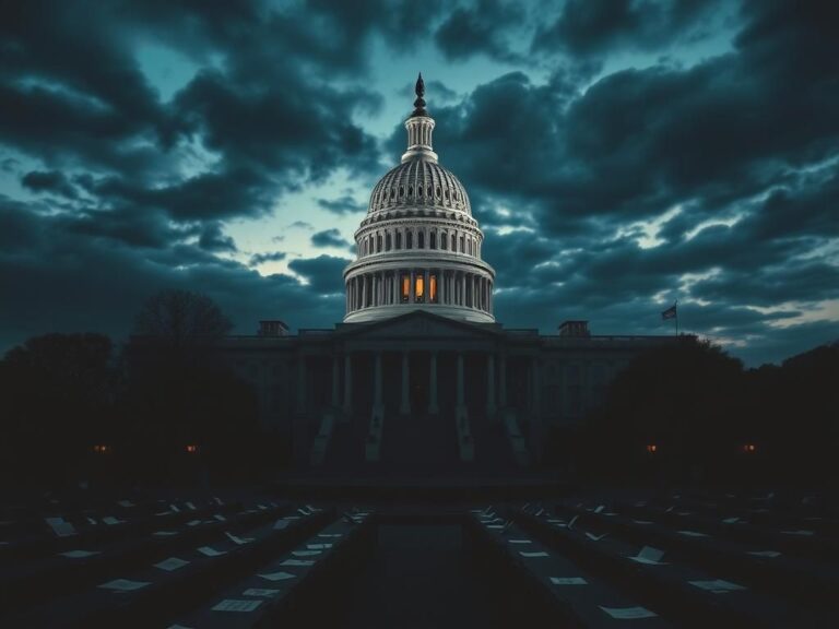 Flick International Somber depiction of the U.S. Capitol building at twilight reflecting political turmoil