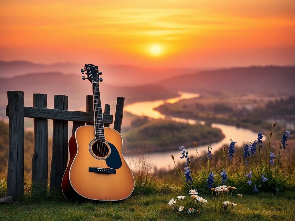 Flick International Serene Nashville landscape at sunset with vintage acoustic guitar symbolizing Dolly Parton's love for her late husband