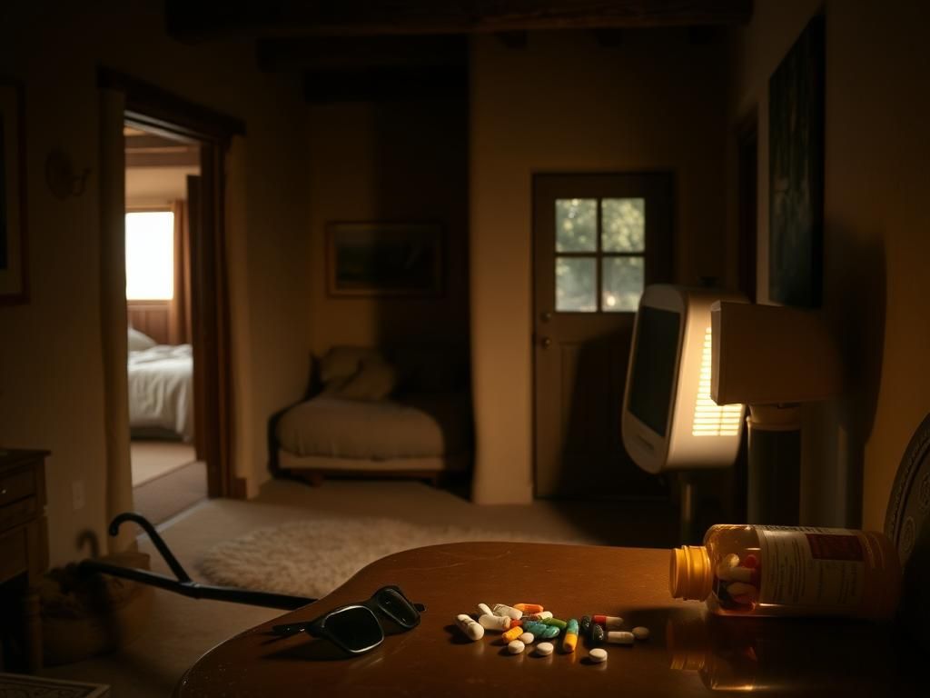 Flick International Dimly lit interior of a Santa Fe home illustrating the mystery surrounding Gene Hackman and Betsy Arakawa's deaths.