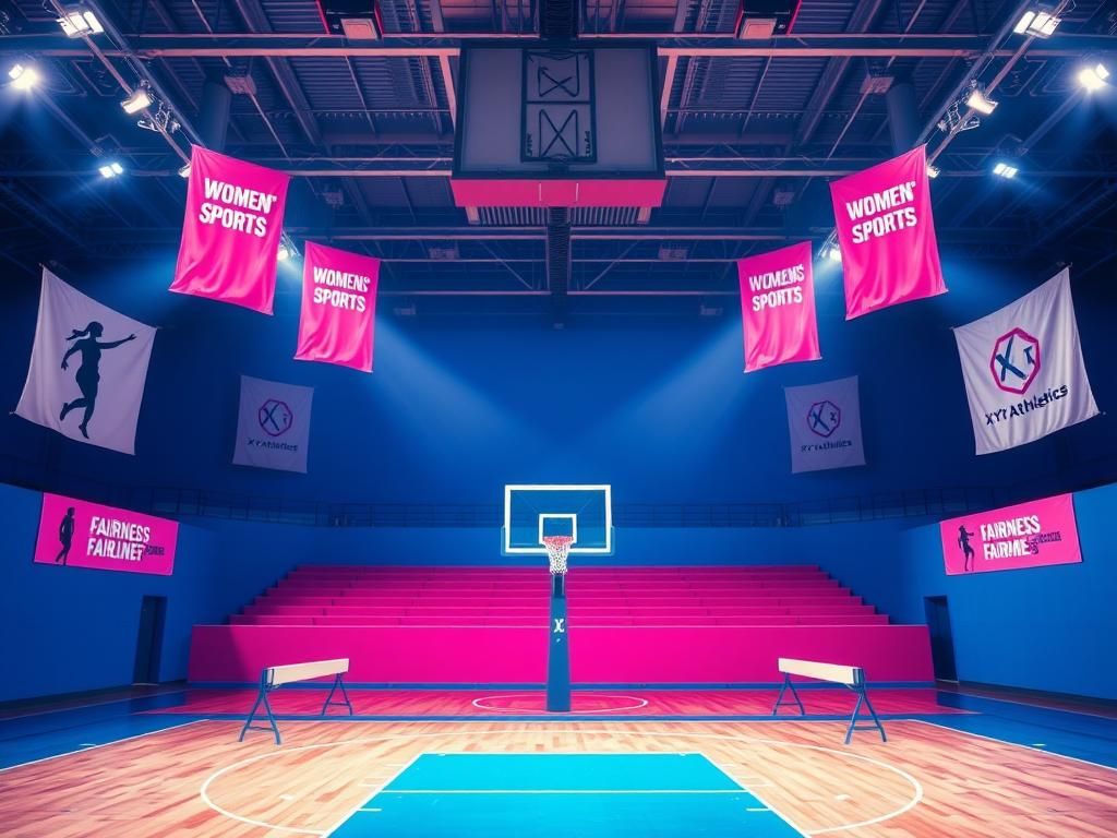 Flick International A dynamic sports arena featuring an empty basketball court and gymnastic equipment symbolizing women's sports.