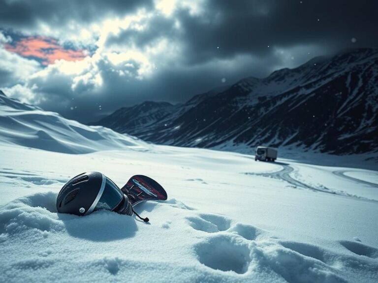 Flick International Abandoned snowboarding gear in a snow-covered landscape symbolizing a former Olympian’s fall from grace