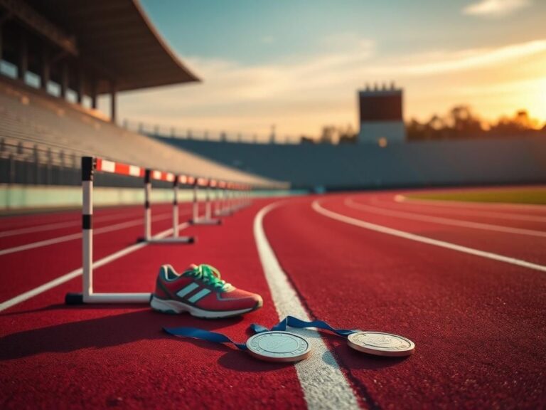 Flick International Colorful running shoes ready to take off on a vibrant track beside a hurdle