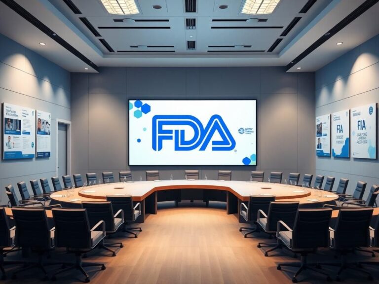 Flick International Modern conference room set up for FDA advisory committee meeting with empty chairs.