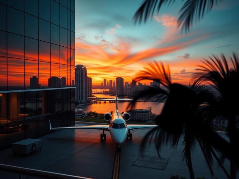 Flick International Luxurious Florida penthouse with Miami skyline at sunset and a private jet